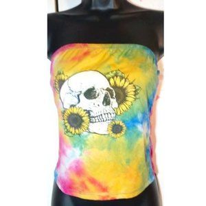MARCI COLORFUL TIE DYE SKULL SUNFLOWER TUBE TOP SZ M